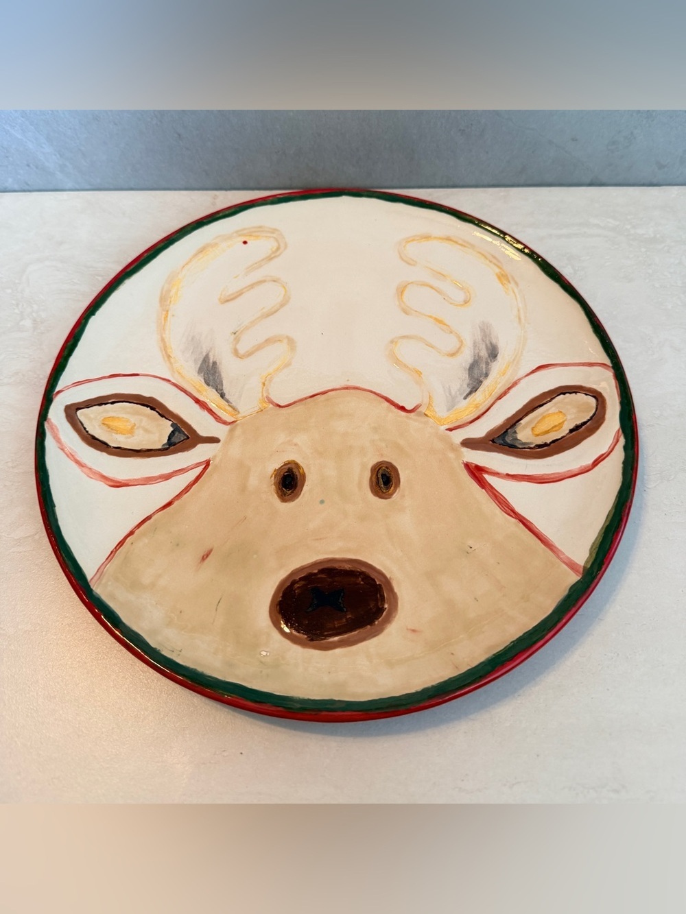 Hand Painted Reindeer White & Brown Dinner Plate 10β Super Cute